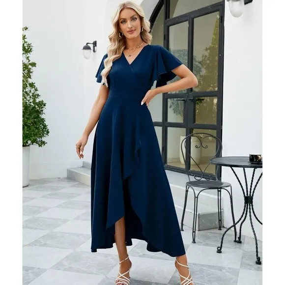 Long Formal Dresses for Women Navy blue V Neck Wrap Ruffle Dress
