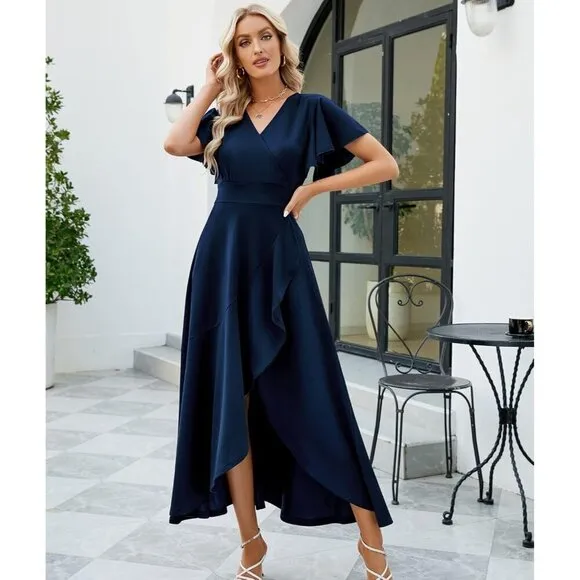 Long Formal Dresses for Women Navy blue V Neck Wrap Ruffle Dress