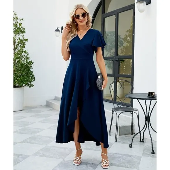 Long Formal Dresses for Women Navy blue V Neck Wrap Ruffle Dress