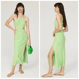 Louna Halter Cutout Green Side Slit Elegant Hourglass Crepe Midi Dress Gown S