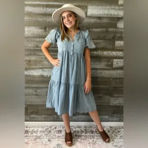 Lovely! jodifl denim short peasant sleeve midi dress frilled shoulders B10006