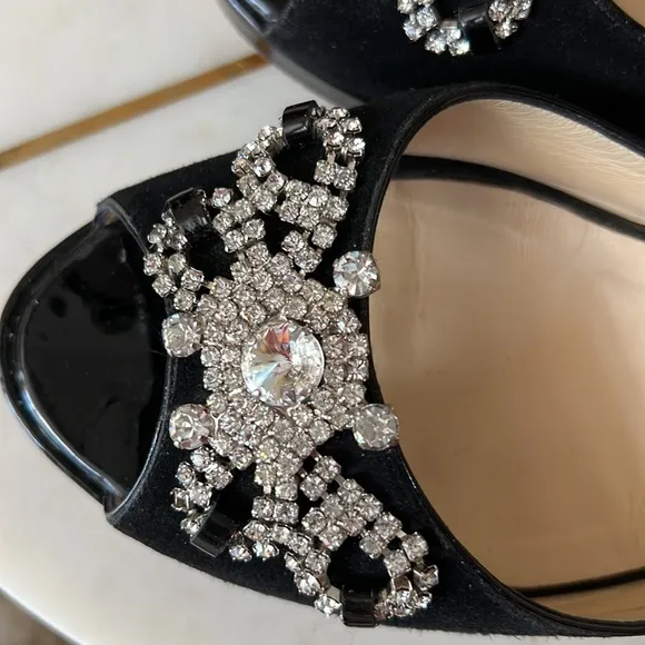 Luciano Padovan black suede,patent leather and rhinestone shoes.
