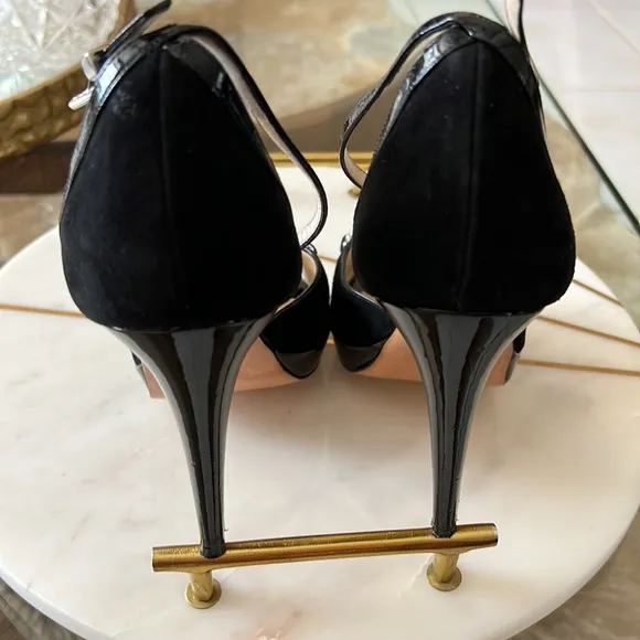 Luciano Padovan black suede,patent leather and rhinestone shoes.