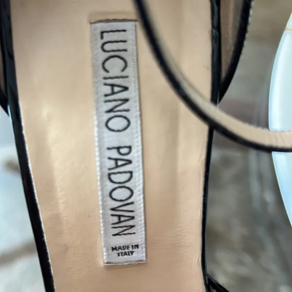 Luciano Padovan black suede,patent leather and rhinestone shoes.