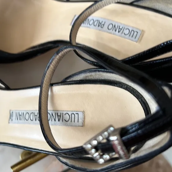 Luciano Padovan black suede,patent leather and rhinestone shoes.