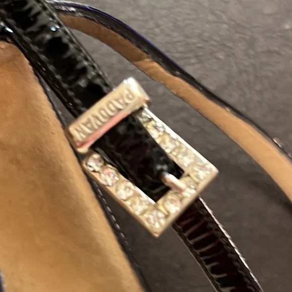 Luciano Padovan black suede,patent leather and rhinestone shoes.