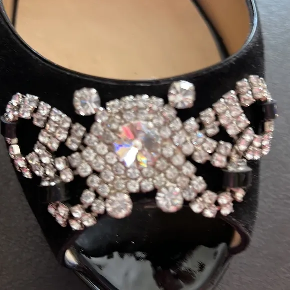 Luciano Padovan black suede,patent leather and rhinestone shoes.
