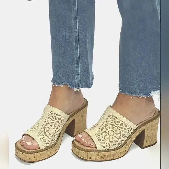 Lucky Brand 10 Floral Macramé Boho Slip-On Platform Mules New Sandals