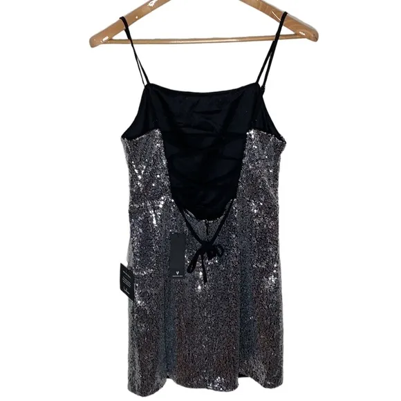 Lulus Loves the Spotlight Silver Sequin Lace-Up Mini Dress size L