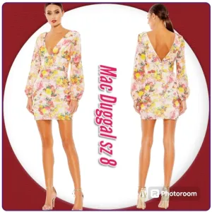 Mac Duggal Dress Floral-Sequin Long Sleeve Short Party Mini Dress