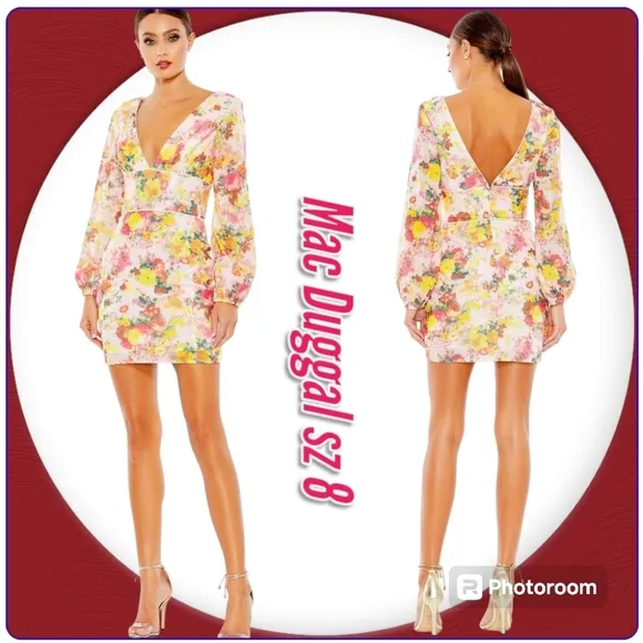 Mac Duggal Dress Floral-Sequin Long Sleeve Short Party Mini Dress