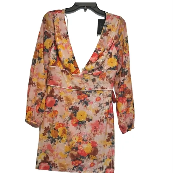 Mac Duggal Dress Floral-Sequin Long Sleeve Short Party Mini Dress