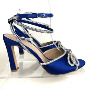 Madden Girl True Rhinestone Bow Evening Dress Blue Satin Sandals Heels  Sz 8