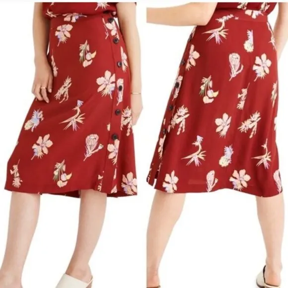 Madewell Burgundy Red Bird Of Paradise Side Button Floral Midi A-line Skirt Zero