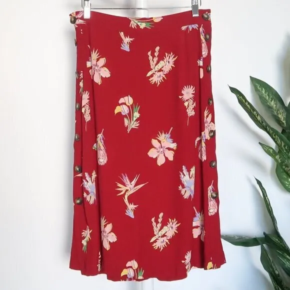 Madewell Burgundy Red Bird Of Paradise Side Button Floral Midi A-line Skirt Zero