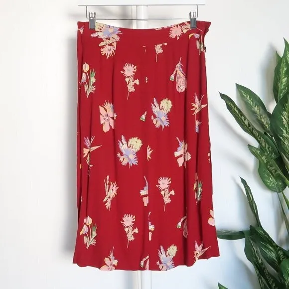 Madewell Burgundy Red Bird Of Paradise Side Button Floral Midi A-line Skirt Zero