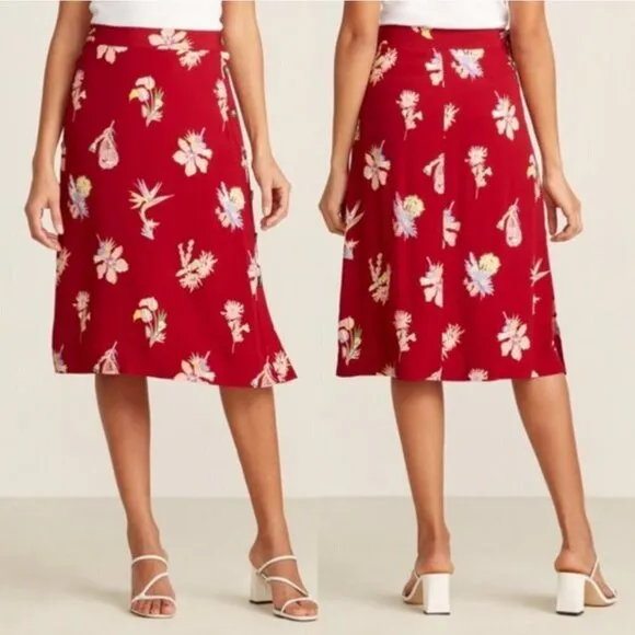 Madewell Burgundy Red Bird Of Paradise Side Button Floral Midi A-line Skirt Zero