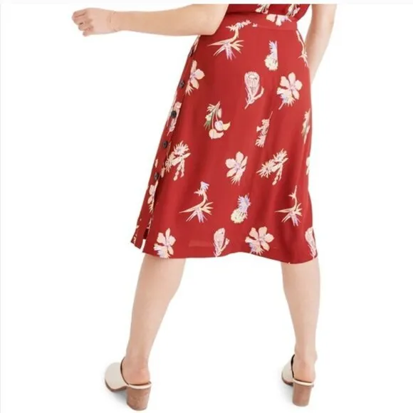 Madewell Burgundy Red Bird Of Paradise Side Button Floral Midi A-line Skirt Zero