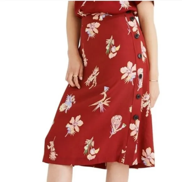 Madewell Burgundy Red Bird Of Paradise Side Button Floral Midi A-line Skirt Zero