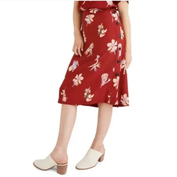 Madewell Burgundy Red Bird Of Paradise Side Button Floral Midi A-line Skirt Zero