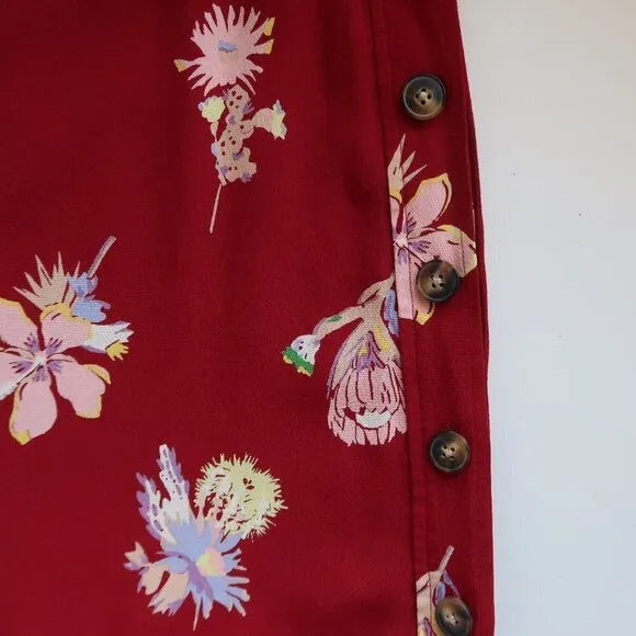 Madewell Burgundy Red Bird Of Paradise Side Button Floral Midi A-line Skirt Zero