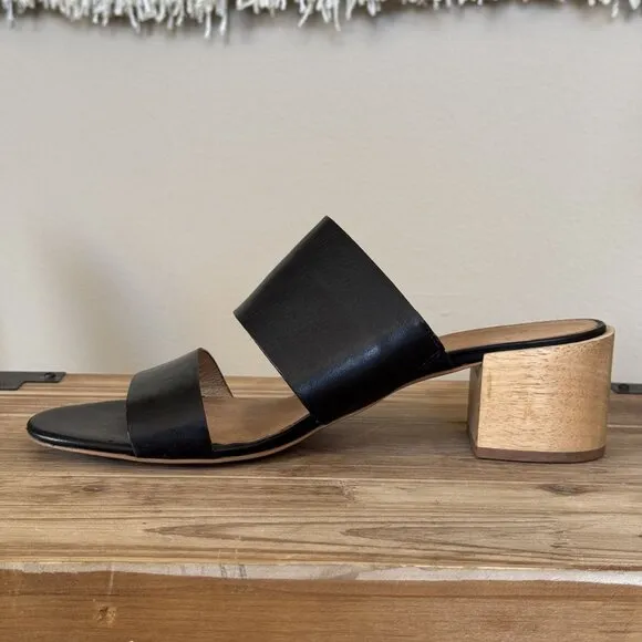 Madewell The Kiera Black Leather Wood Block Heel Slide Mule Sandals Size 9.5