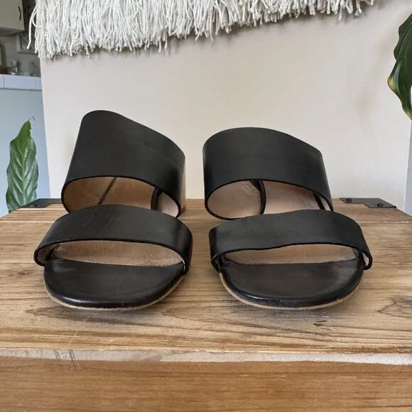 Madewell The Kiera Black Leather Wood Block Heel Slide Mule Sandals Size 9.5