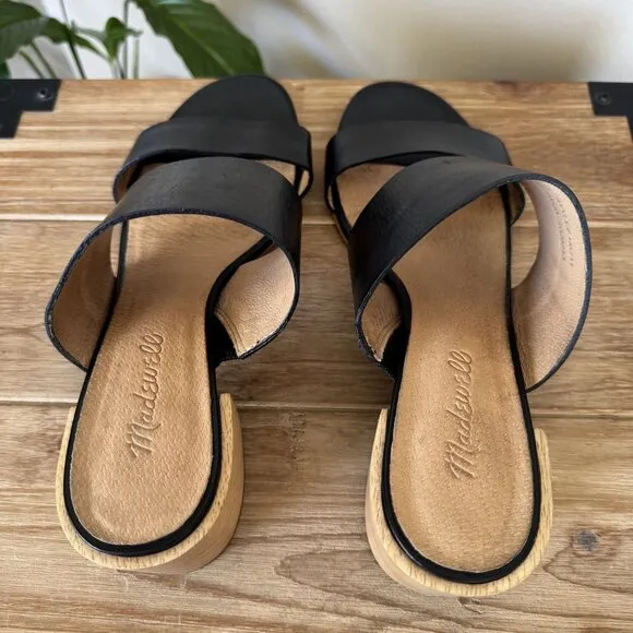 Madewell The Kiera Black Leather Wood Block Heel Slide Mule Sandals Size 9.5
