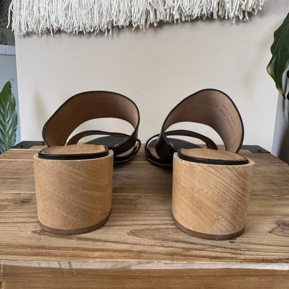 Madewell The Kiera Black Leather Wood Block Heel Slide Mule Sandals Size 9.5