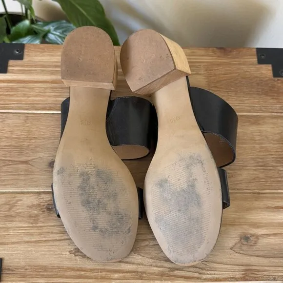 Madewell The Kiera Black Leather Wood Block Heel Slide Mule Sandals Size 9.5