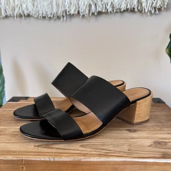 Madewell The Kiera Black Leather Wood Block Heel Slide Mule Sandals Size 9.5