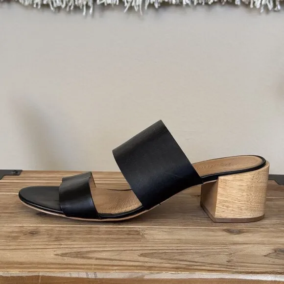 Madewell The Kiera Black Leather Wood Block Heel Slide Mule Sandals Size 9.5
