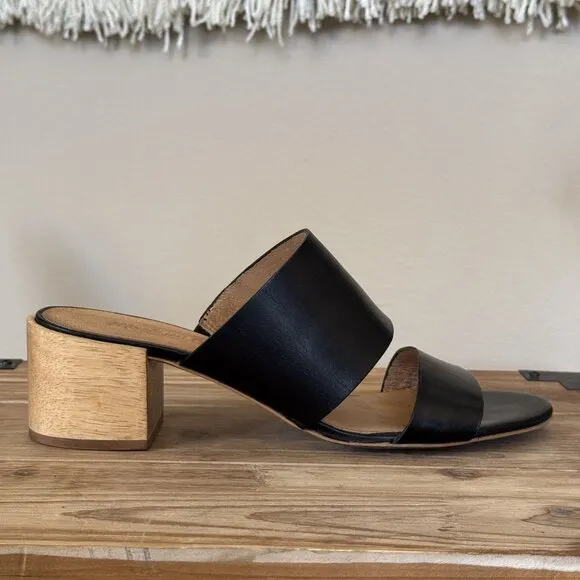 Madewell The Kiera Black Leather Wood Block Heel Slide Mule Sandals Size 9.5