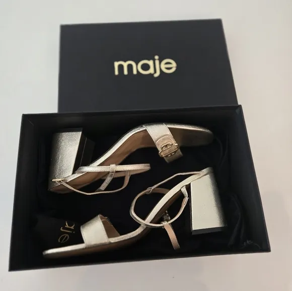 MAJE gold metallic genuine leather sandals block heel Size EUR 40, US 9.5