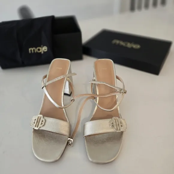 MAJE gold metallic genuine leather sandals block heel Size EUR 40, US 9.5