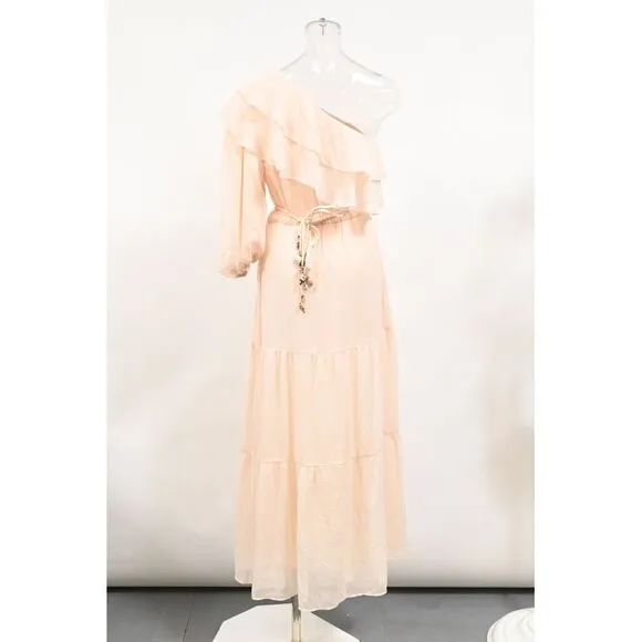 Maje Racha One-Shoulder Ruffled Midi Dress in Beige Viscose