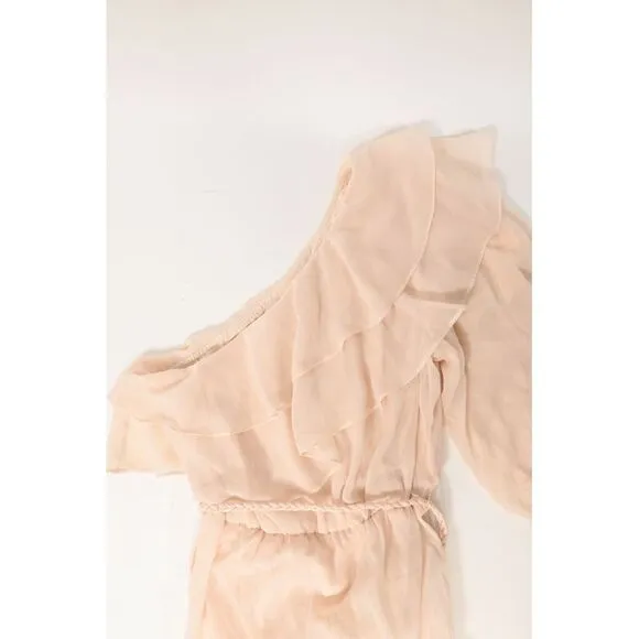 Maje Racha One-Shoulder Ruffled Midi Dress in Beige Viscose