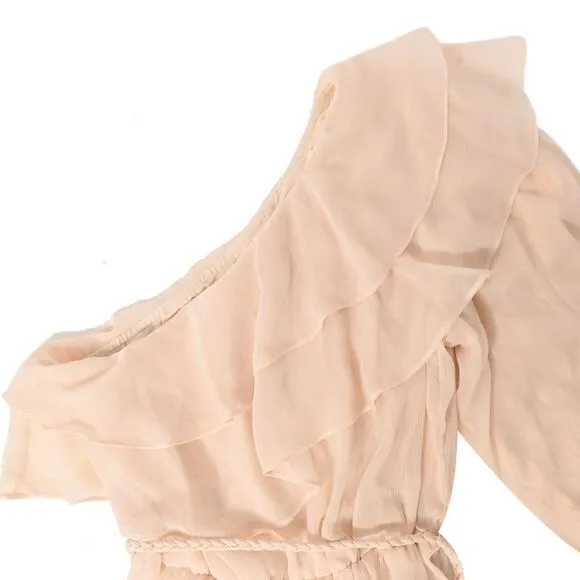 Maje Racha One-Shoulder Ruffled Midi Dress in Beige Viscose