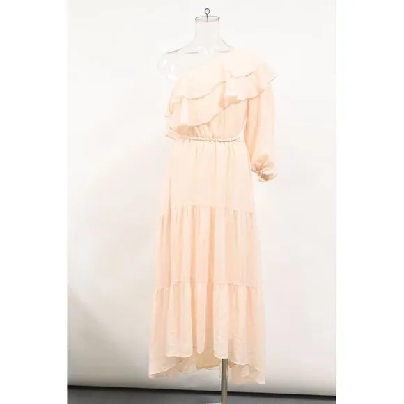 Maje Racha One-Shoulder Ruffled Midi Dress in Beige Viscose
