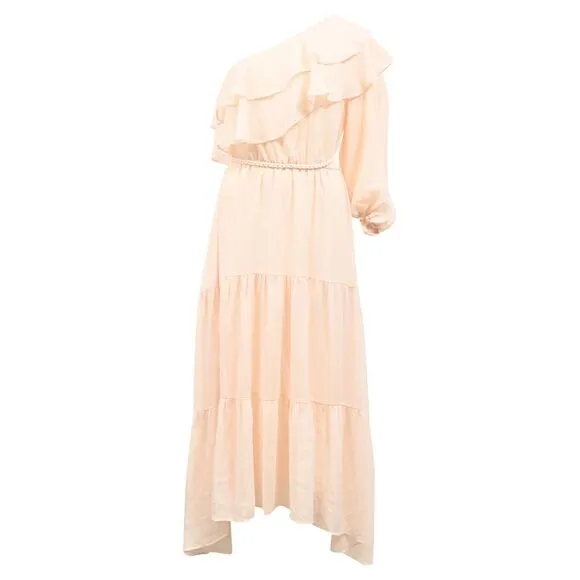 Maje Racha One-Shoulder Ruffled Midi Dress in Beige Viscose