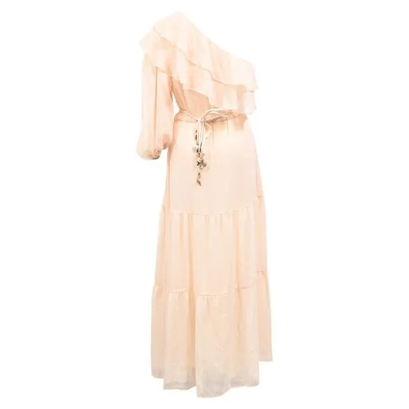 Maje Racha One-Shoulder Ruffled Midi Dress in Beige Viscose