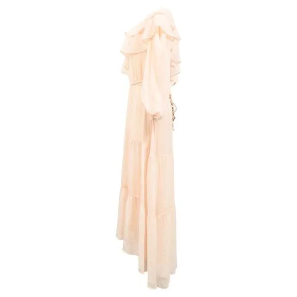 Maje Racha One-Shoulder Ruffled Midi Dress in Beige Viscose