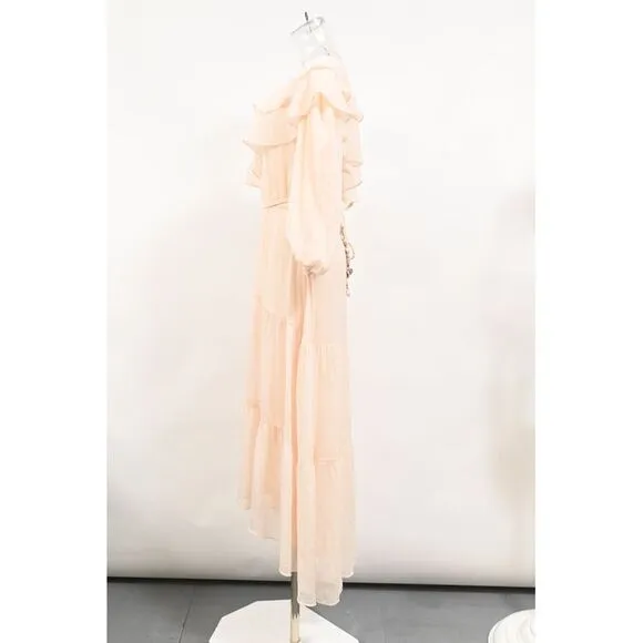 Maje Racha One-Shoulder Ruffled Midi Dress in Beige Viscose