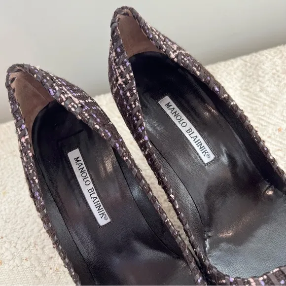 Manolo Blahnik Heels BB Tweed Brown Purple Pink Pointed Toe Dress Shoes 8.5