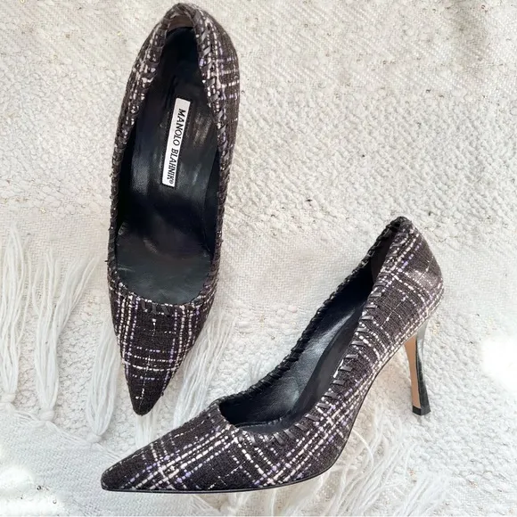 Manolo Blahnik Heels BB Tweed Brown Purple Pink Pointed Toe Dress Shoes 8.5