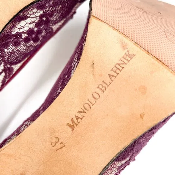 Manolo Blahnik Lace Pumps Burgundy Red Floral Pointed Toe Sheer Sz 37 / 7
