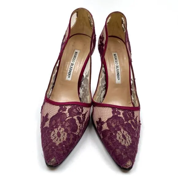 Manolo Blahnik Lace Pumps Burgundy Red Floral Pointed Toe Sheer Sz 37 / 7