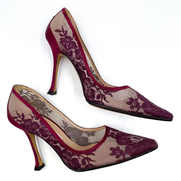 Manolo Blahnik Lace Pumps Burgundy Red Floral Pointed Toe Sheer Sz 37 / 7