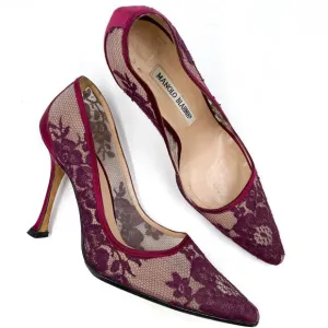 Manolo Blahnik Lace Pumps Burgundy Red Floral Pointed Toe Sheer Sz 37 / 7