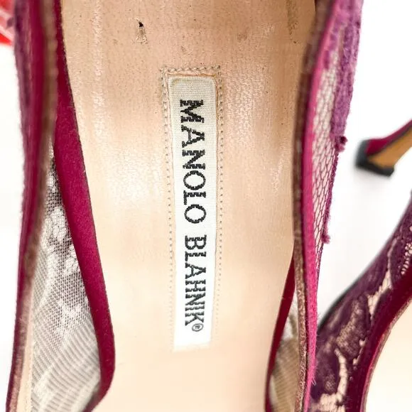 Manolo Blahnik Lace Pumps Burgundy Red Floral Pointed Toe Sheer Sz 37 / 7